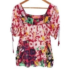 Sheer Abstract Floral Top Boho Artsy Vacation Resort‎ Romantic Colorful Size 10